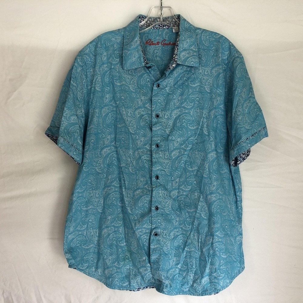 Robert Graham Shirt Mens XL Blue Paisley Cotton Short Sleeve Button Front Casual